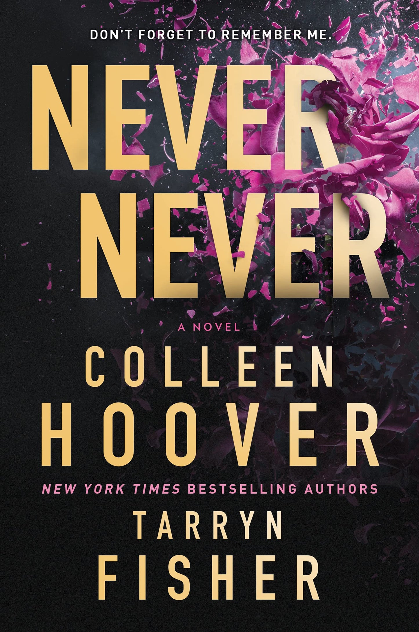 Book cover of 'Never Never' by Colleen Hoover and Tarryn Fisher with a dark background and pink floral elements.
