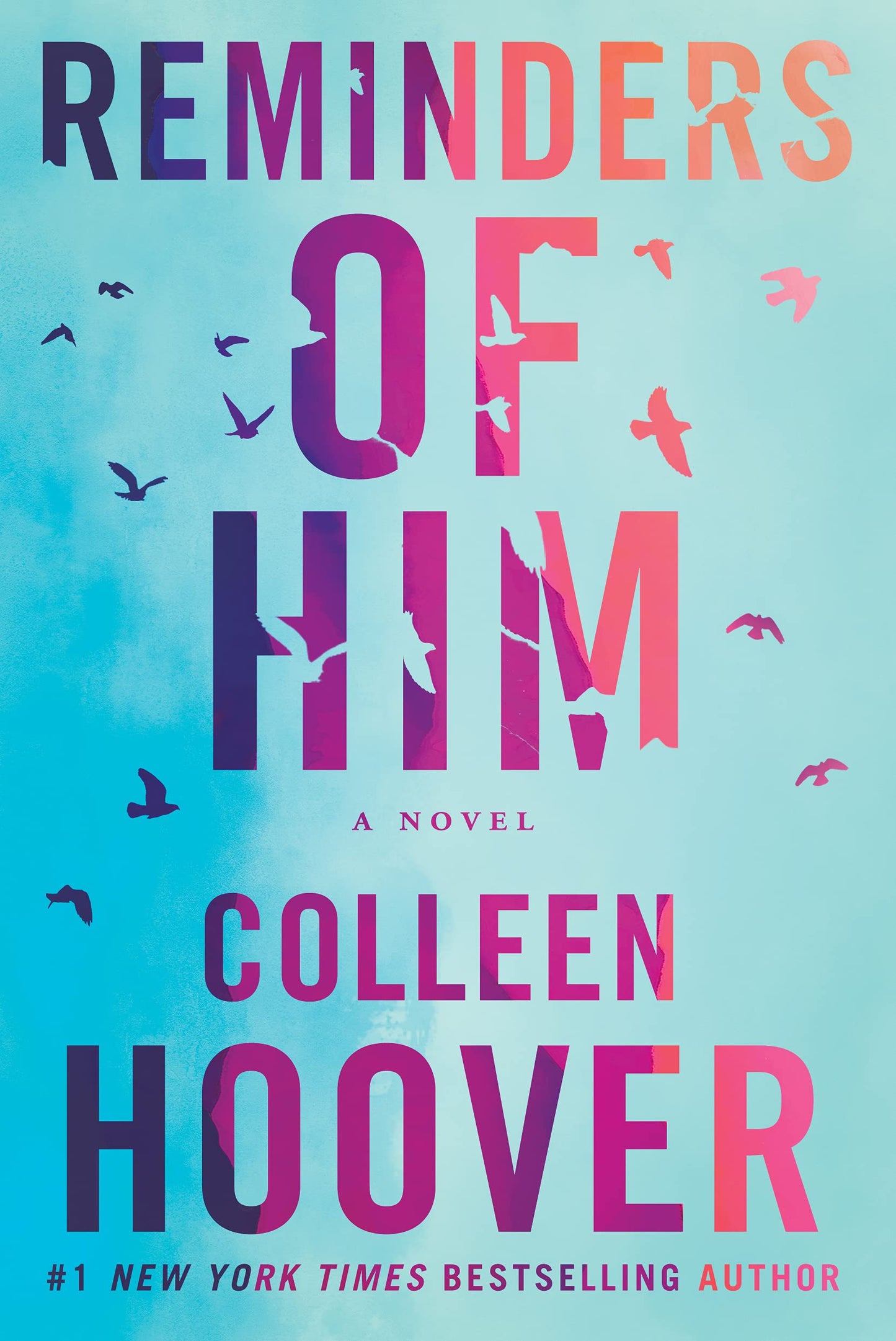 Book cover of 'Reminders of Him' by Colleen Hoover with colorful text and bird silhouettes on a blue background.