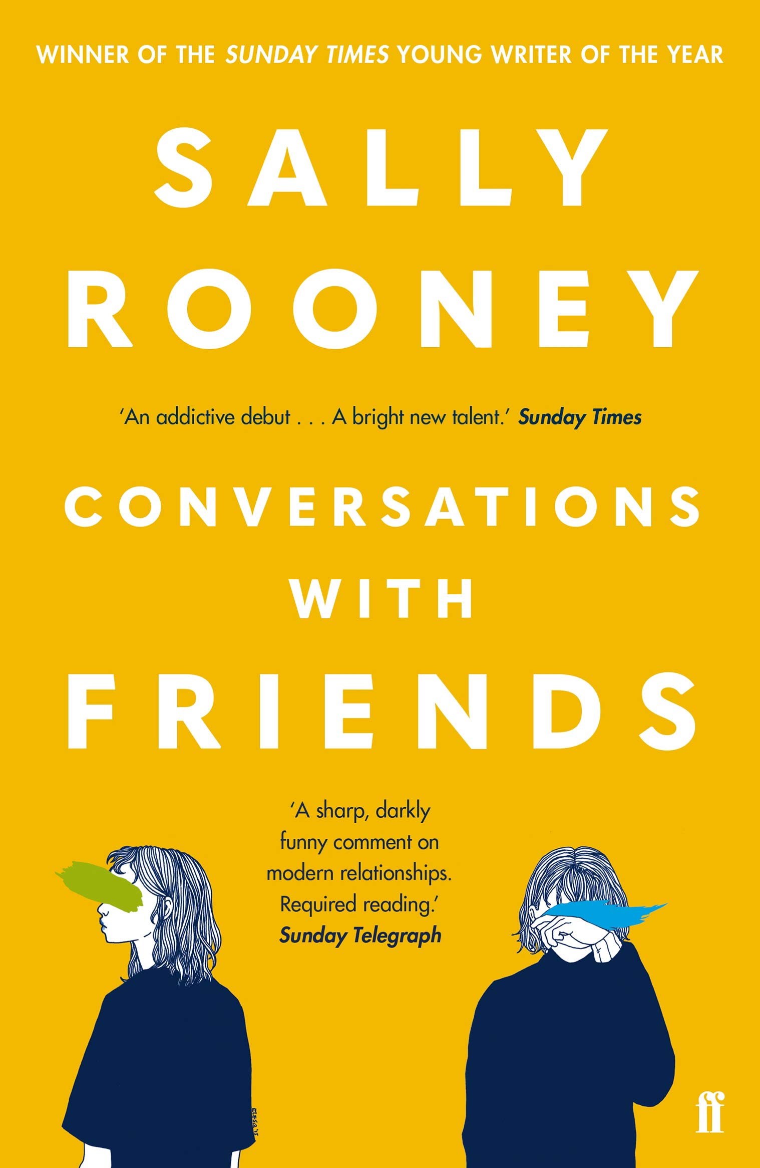 Book cover of 'Conversations with Friends' by Sally Rooney on a yellow background