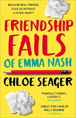 Book cover of 'Friendship Fails' by Chloe Seager with a yellow background, red text, and white paper clumps.