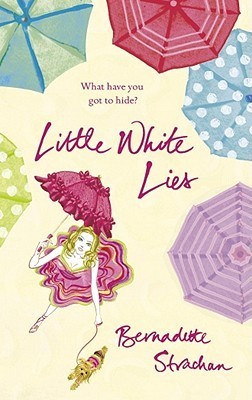 Book cover of 'Little White Lies' with colorful umbrellas and a woman holding a pink umbrella.