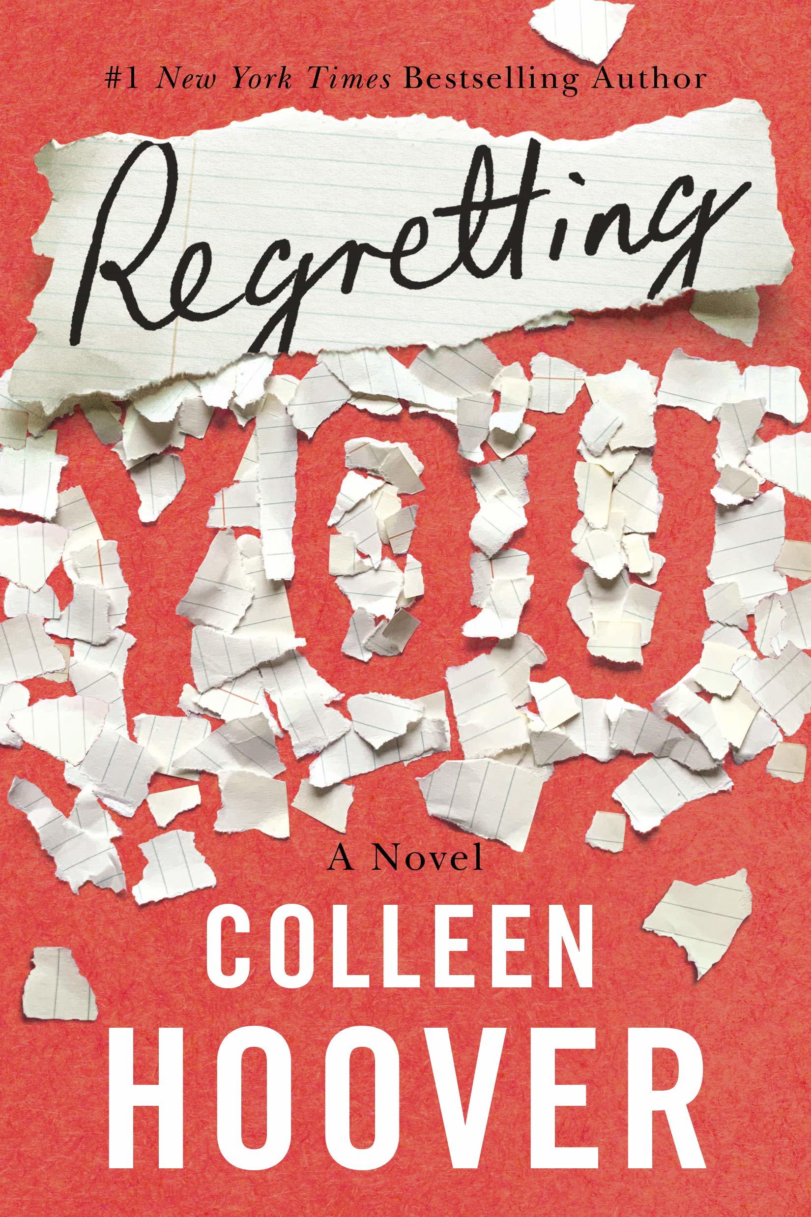 Book cover of 'Regretting You' by Colleen Hoover with torn paper effect on a red background